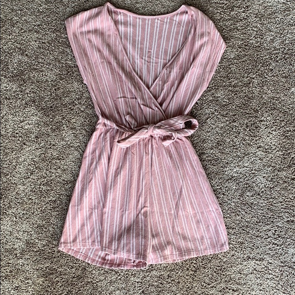Pink striped romper with waist tie